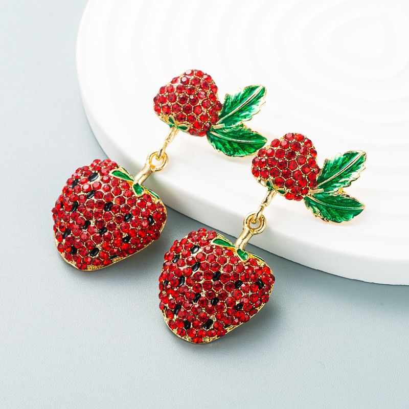 European And American Exaggerated Alloy Inlaid Glass Diamond Strawberry Earrings Wholesale