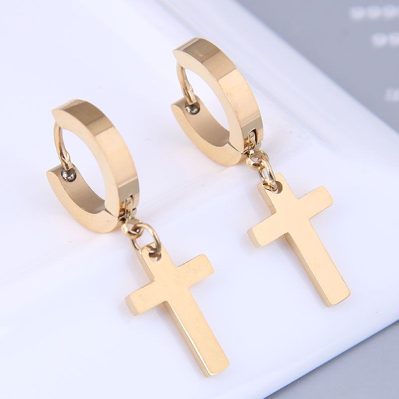 Boucles D&#39;oreilles Créoles Personnalisées En Acier Titane Simple Croix De Mode En Gros