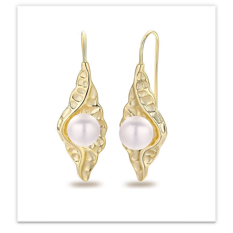 E572 Korean Style S925 Silver Pearl Earrings Women's Irregular Concave And Convex Pleated Leaf-shaped Earring Fashionable Earrings