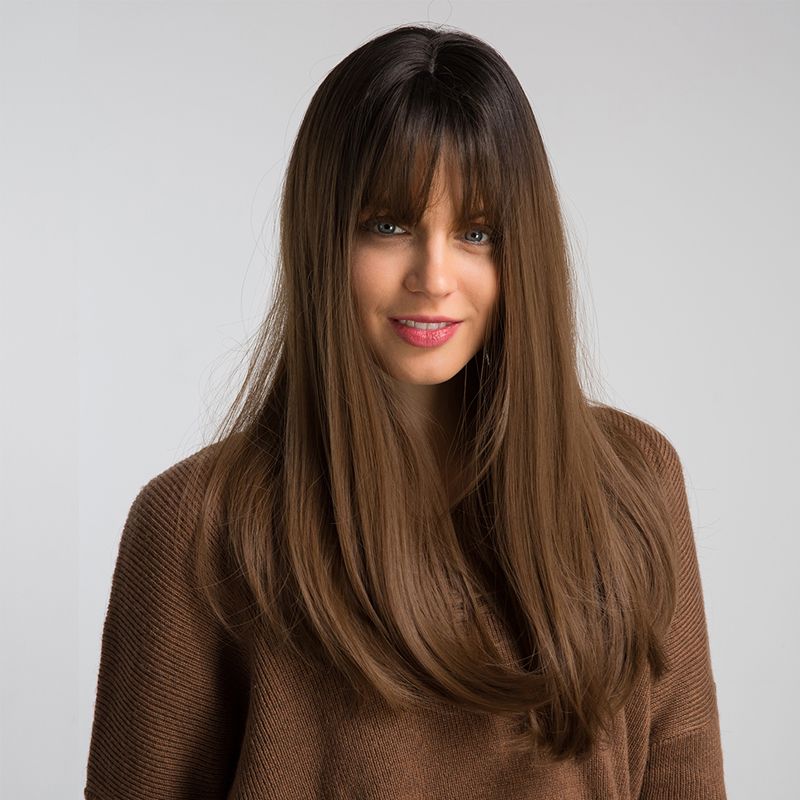 Brown Long Straight Hair With Bangs Women's Daily Wig