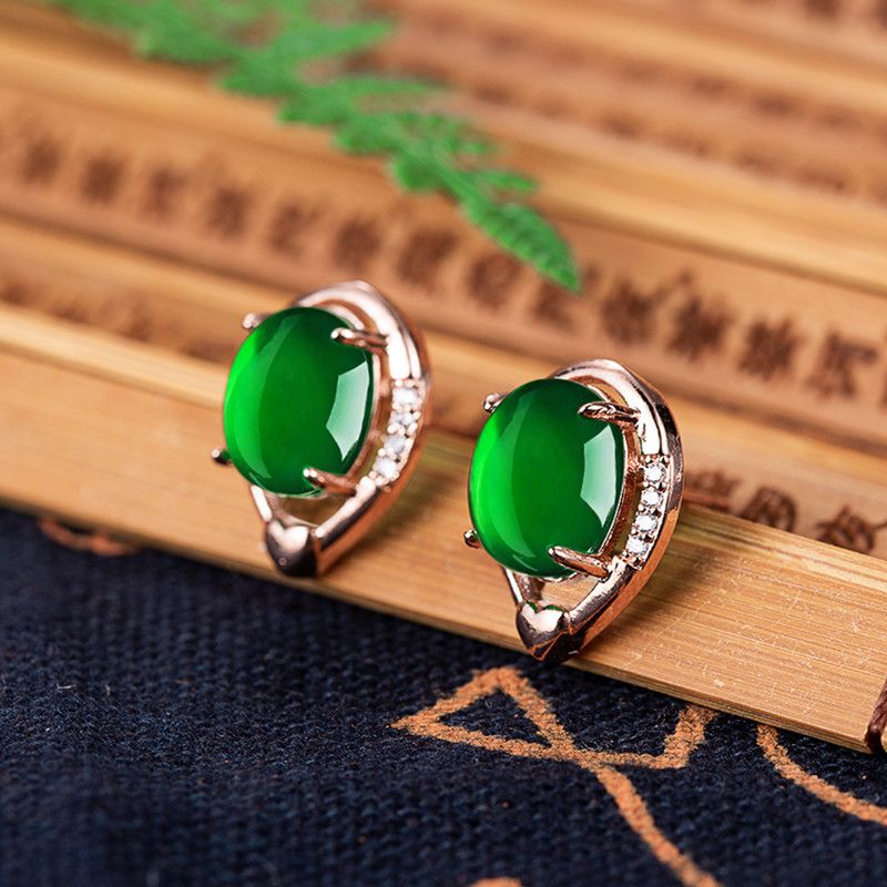 Retro Ethnische Tropfenförmige Grüne Chalcedon Ohrringe Diamantohrringe Schmuck