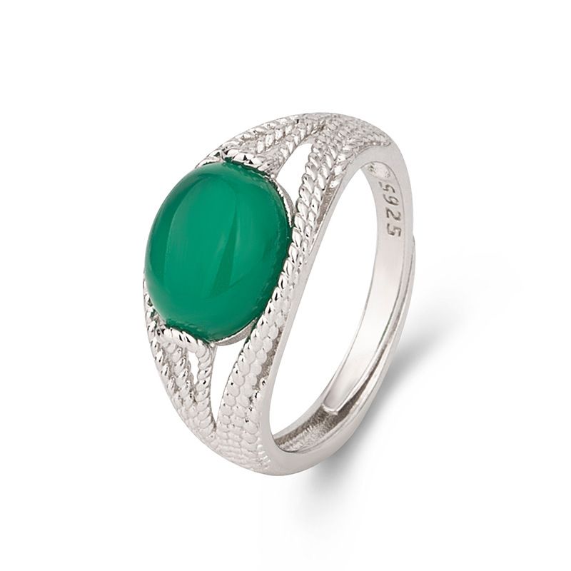 Korean Hetian Jasper Inlaid Green Chalcedony Retro Green Agate Ring Fashion Jewelry