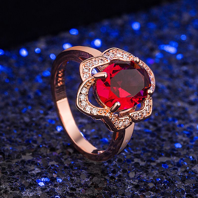Micro Inlaid Rose Ruby Flower Ring Rose Gold Luxury Ring Jewelry