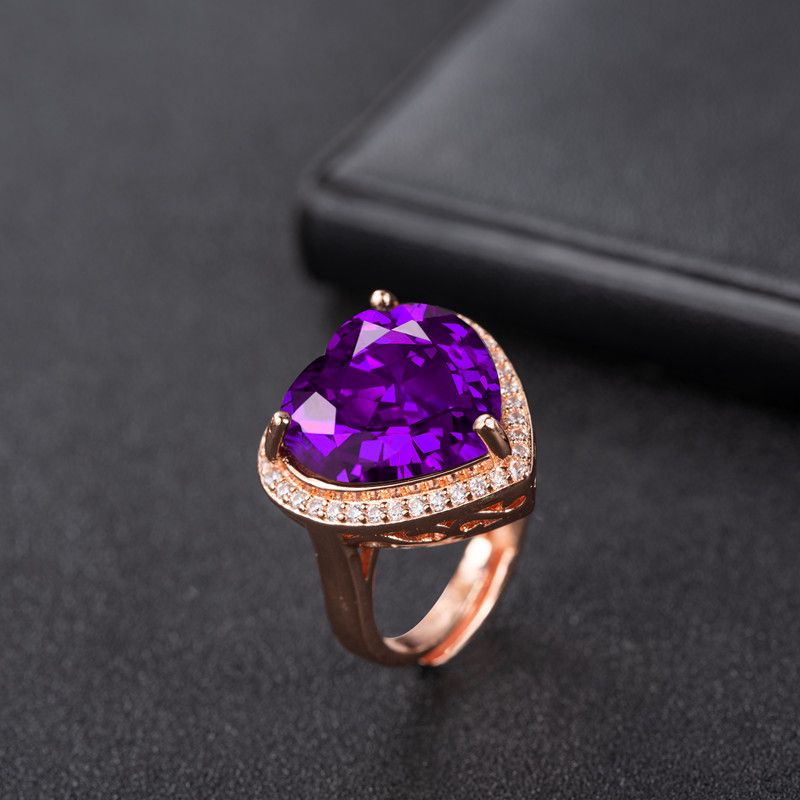 Korean Zircon-studded Rose Gold Amethyst Open Zircon Heart-shaped Amethyst Ring