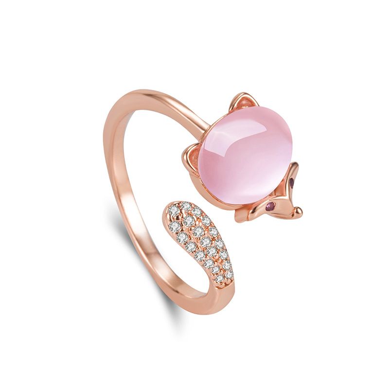 Coréen Doux Micro Diamant Renard Hibiscus Pierre Mignon Animal Bague Niche Bijoux À La Main