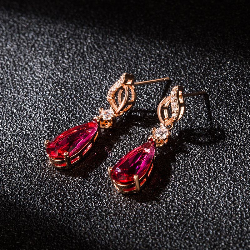 Fashion Diamond-studded Zircon Crystal Earrings Female Drop-shaped Rose Red Copper Earrings