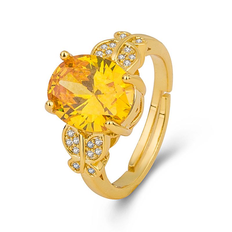 Bague En Pierre Gemme Citrine Bague Ouverte Rétro En Zirconium Micro-incrusté Plaqué Or