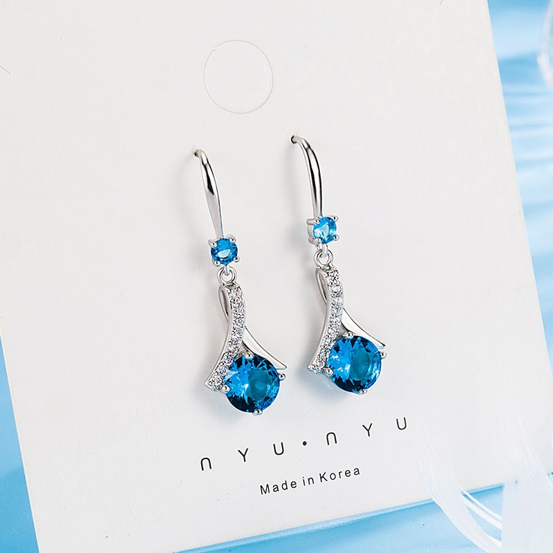 Koreanischer Eleganter Diamant-langer Blauer Kristallkupfer-ohrring-schmuck