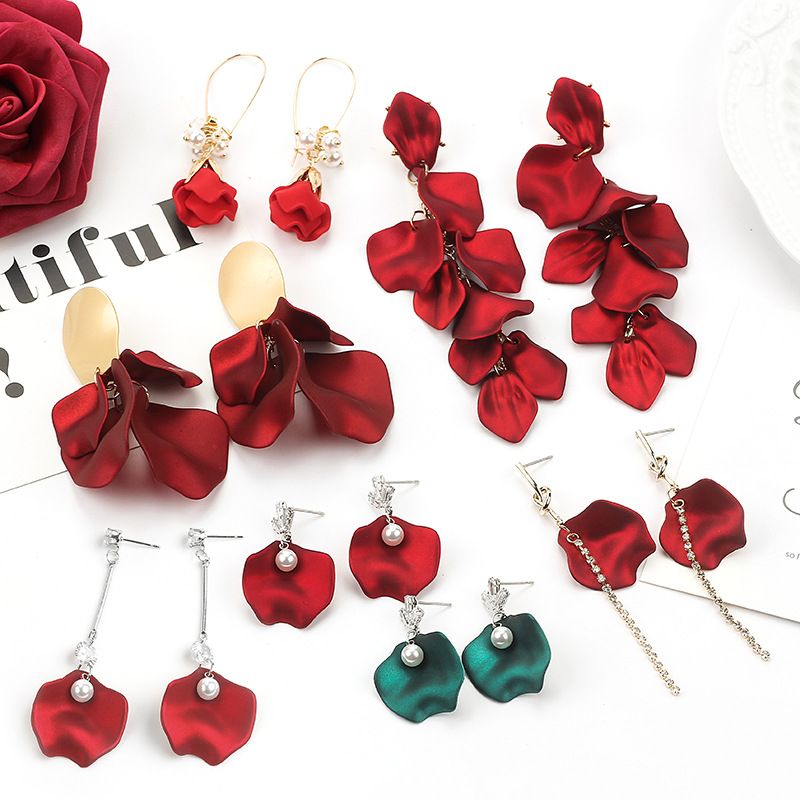 Korea Sexy Red Rose Petal Tassel Rhinestone Metal Earrings