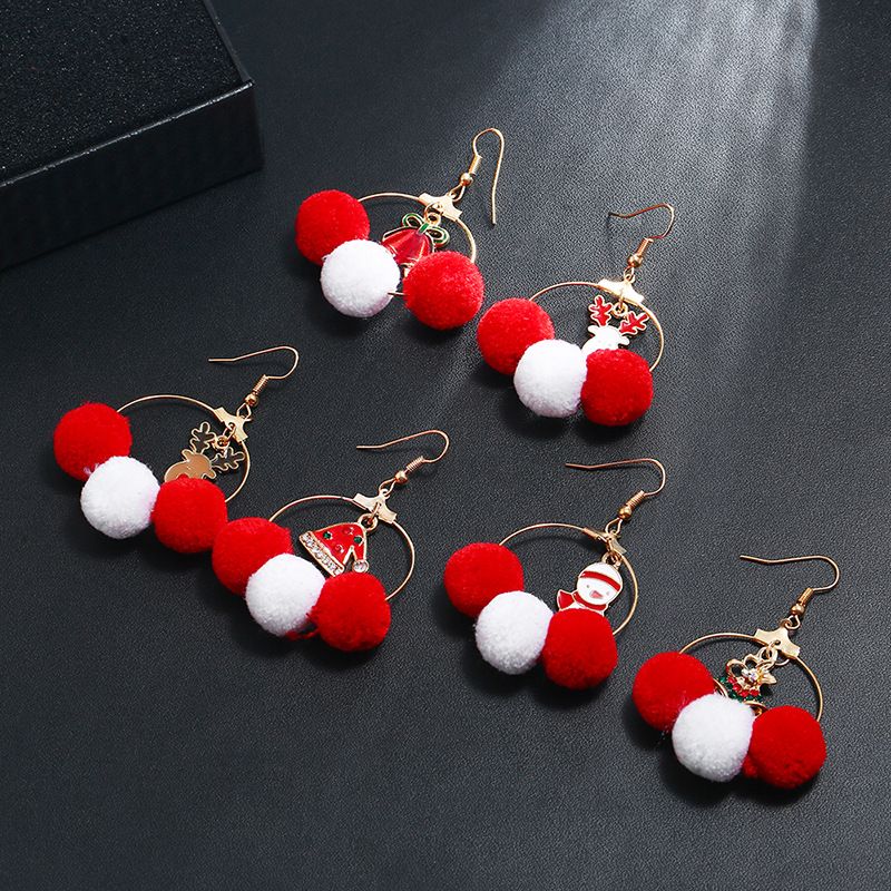 Christmas New Asymmetrical Fur Ball Creative Elk Bells Alloy Earrings Wholesale