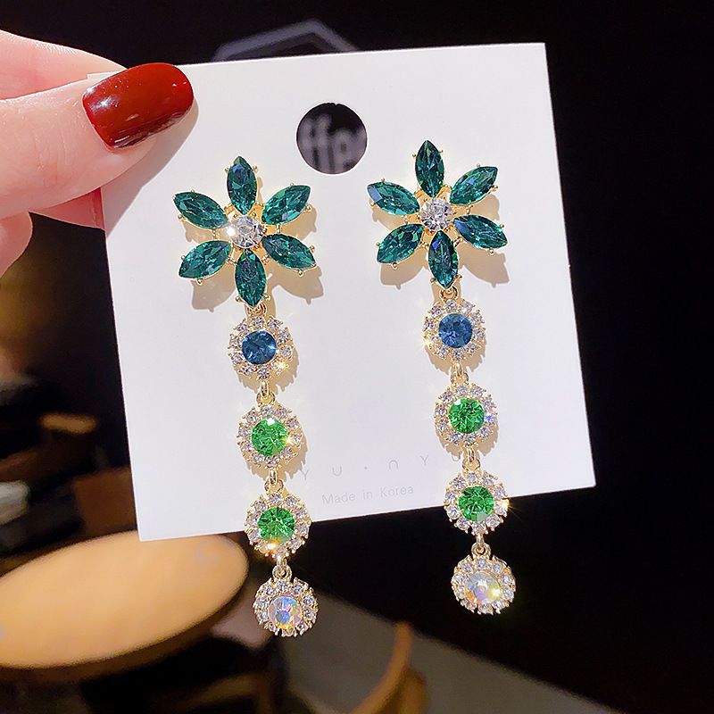 Fashion Green Crystal Flower Earrings Female Long Exaggerated Copper Earrings Wholesale