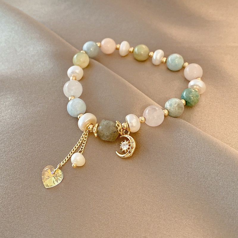 Bracelet De Mode Rétro Femme Perle D&#39;eau Douce Cristal Bijoux À La Main Bracelet Étoile Et Lune