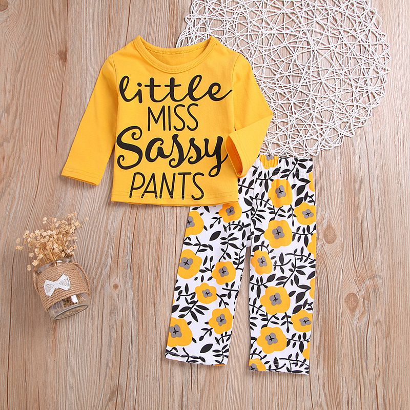 European And American Children Round Neck Letter Long-sleeved Shirt Flower Trousers Two-piece Suit