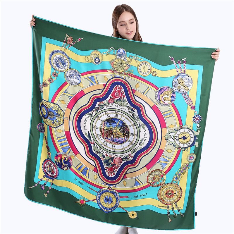 New Fashion Silk Scarf Twill Imitation Silk 130cm Big Square Scarf Roman Clock Printing Shawl Scarf