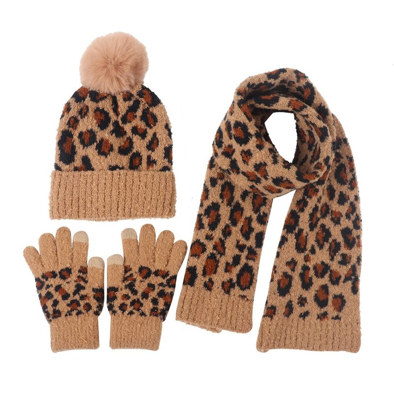 Fashion Winter New Children's Leopard Print Knitted Hat Scarf Gloves Three-piece Warm Suit