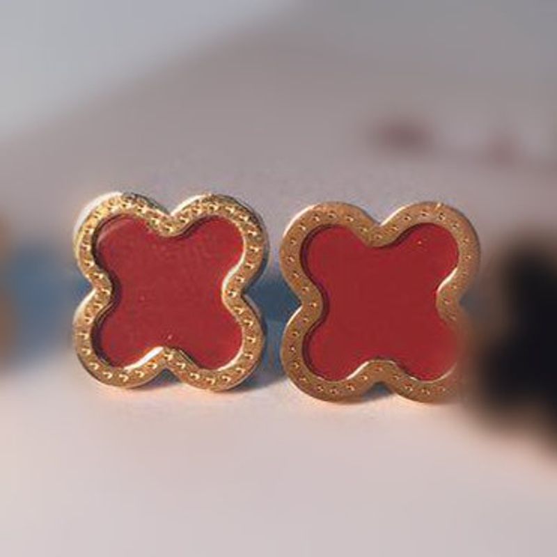 Damen Mode Rote Vier Blättrige Kleeblatt Titan Stahl Ohrringe