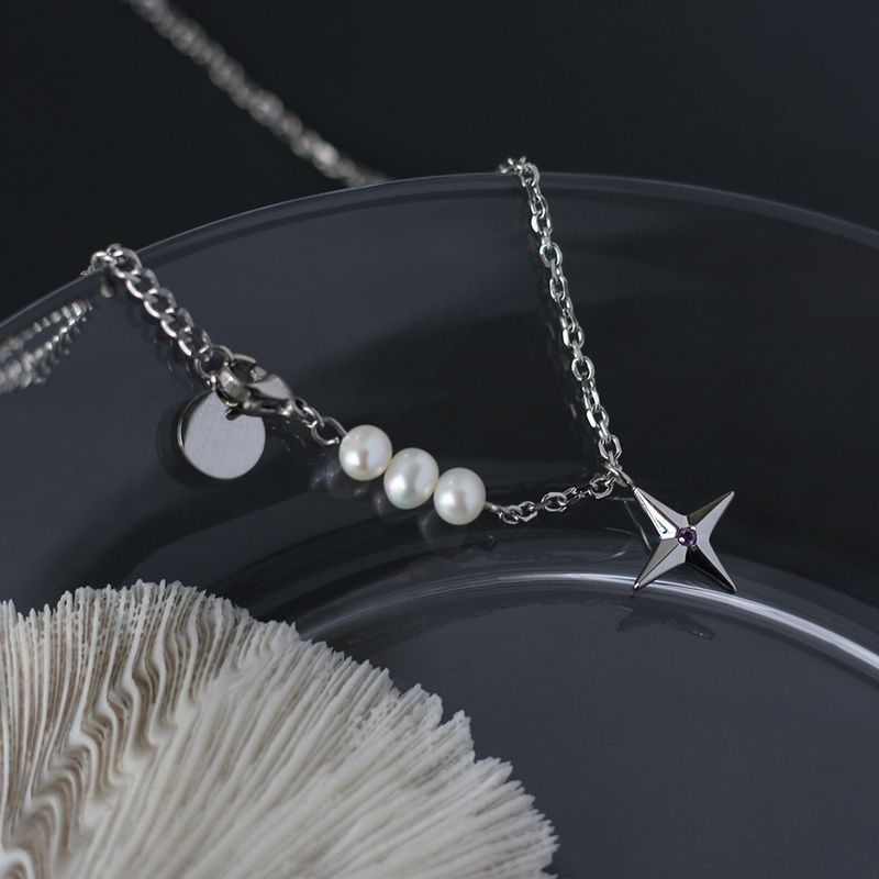 Naturperle Lila Diamant Kreuzstern Europäische Und Amerikanische Halskette Titanstahl