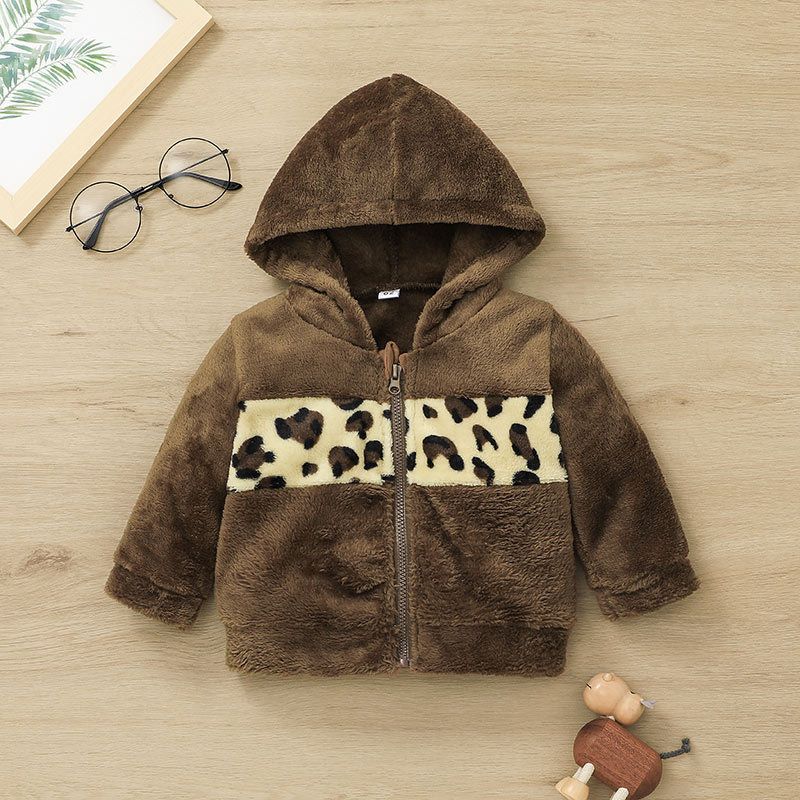 2021 Casual Hooded Jacket Children's Wool Zipper Shirt Leopard Print Coat