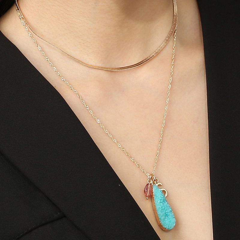 Jewelry Accessories Fashion Edge Green Imitation Natural Stone Drop Pendant Double Necklace