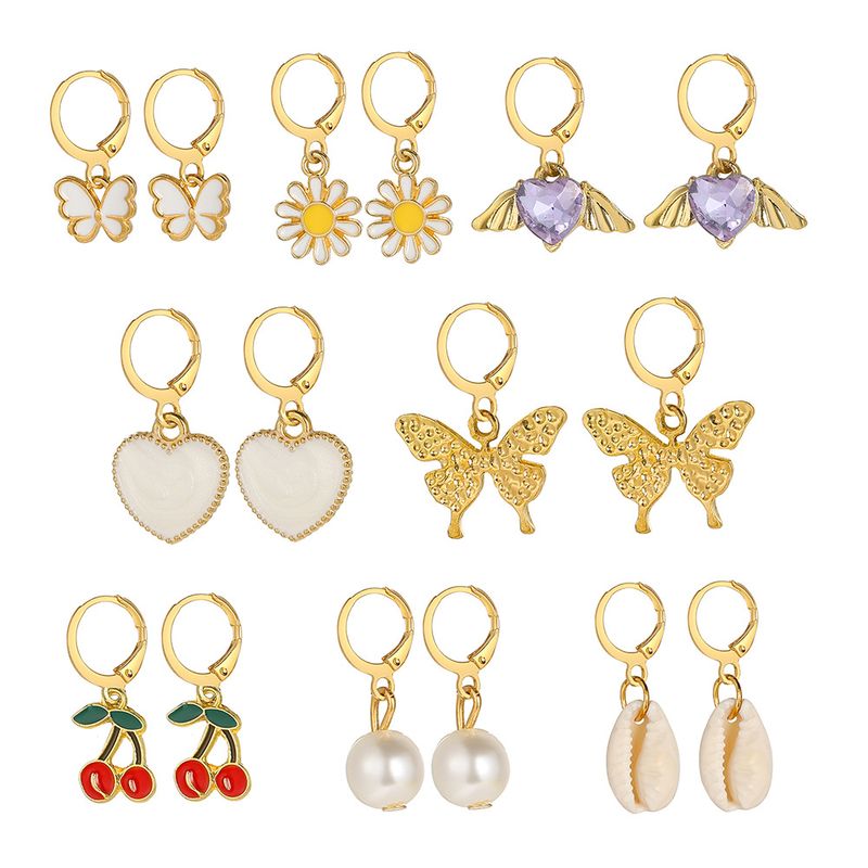 New Alloy Inlaid Rhinestone Butterfly Peach Heart Cherry Pearl Earrings Set 9 Pairs