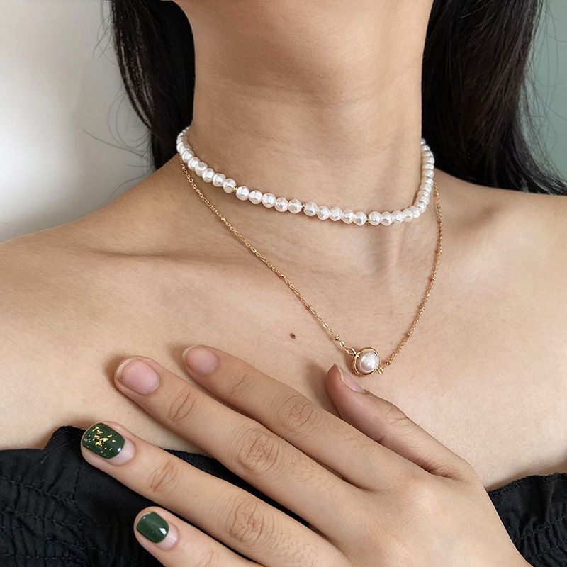 Cadena De Clavícula De Perlas De Doble Capa Simple Collar De Perlas Estilo Palacio Retro Francés