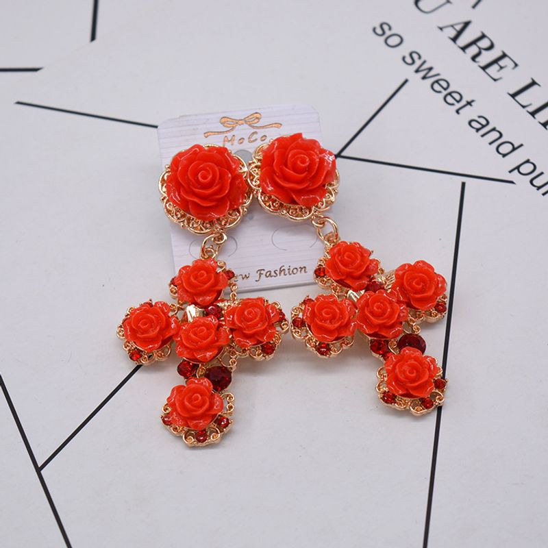 European And American Exaggerated Baroque Rose Flower Cross Big Flower Earrings