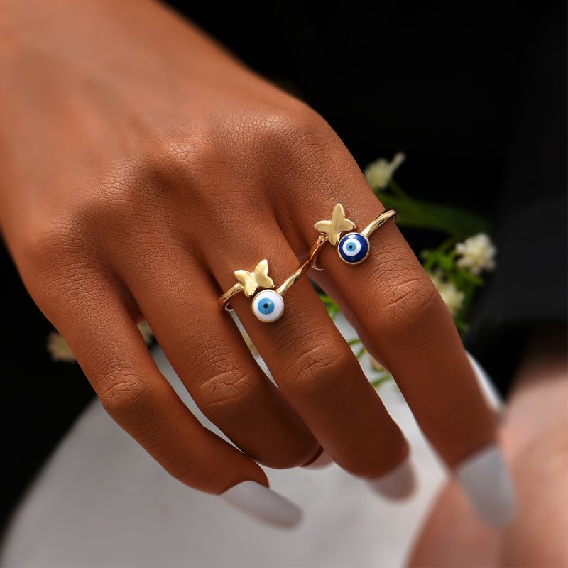 Fashion Drops Oil Eye Butterfly Ring Two Set