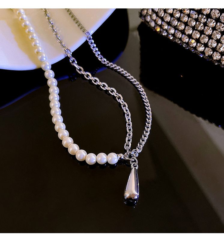 Korean Asymmetrical Design Sense Pearl Titanium Steel Drop-shaped Clavicle Chain