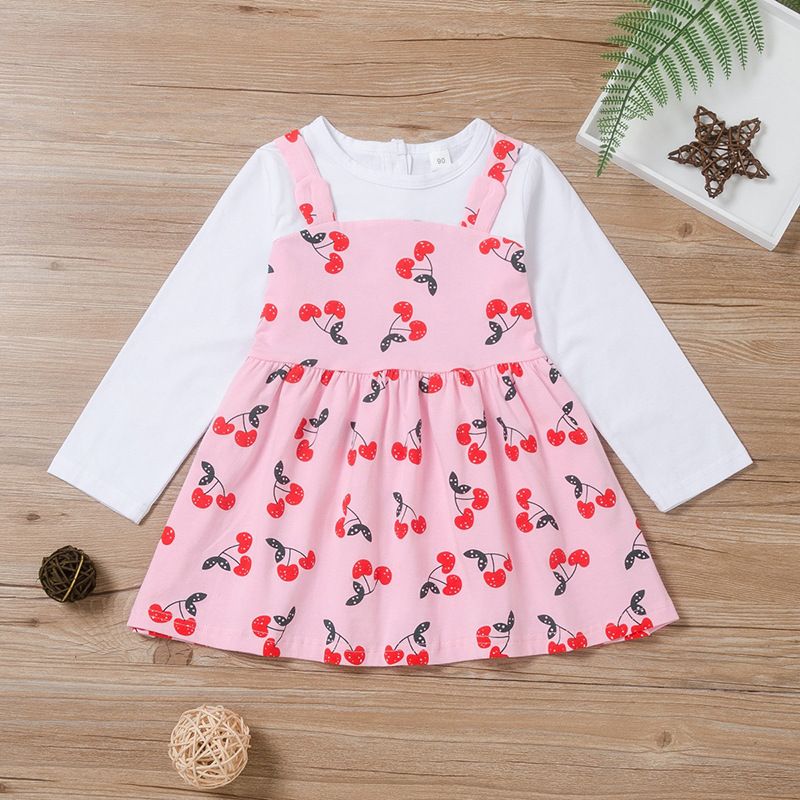 Spring And Autumn Fake Two-piece Long-sleeved Cherry Print Pleated Skirt