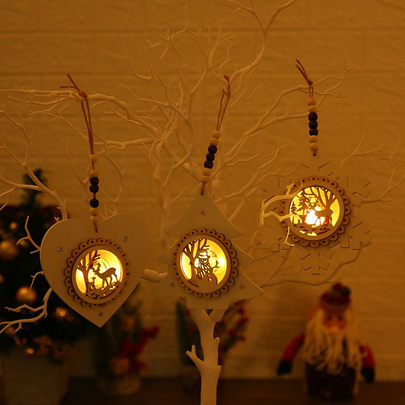 Weihnachtsbaumanhänger Led Weiß Holzornamente Nachtlicht Schneeflocke Anhänger