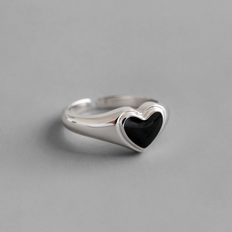 Japanese And Korean Glossy Dripping Black Love Heart-shaped Ring Fashion Simple Style Open Food Ring Ins Special-interest Design Hand Jewelry