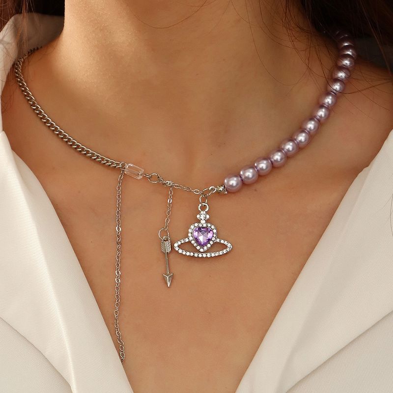 Romantic Purple Crystal Planet Pearl Clavicle Necklace Personality Tassel Necklace