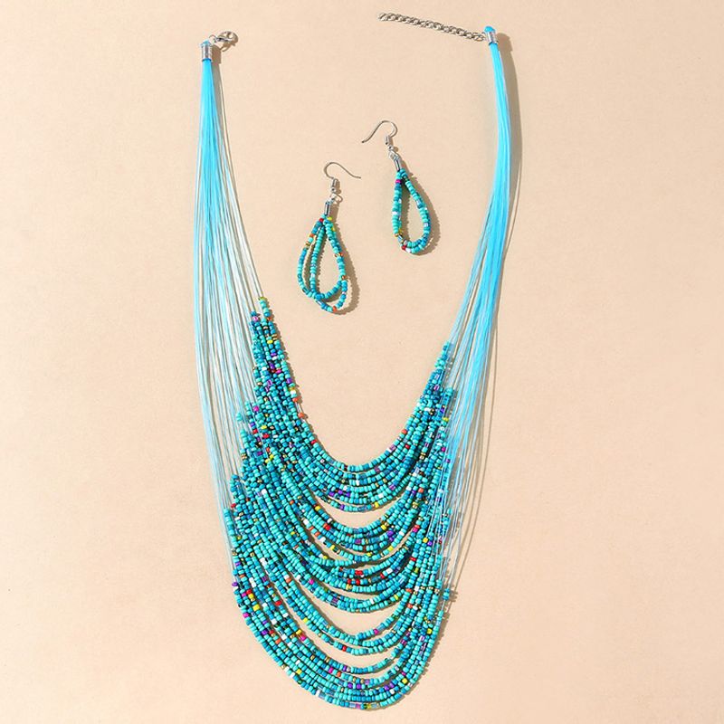 European And American Retro Wild Creative Ethnic Style Rice Beads Necklace Earrings Set