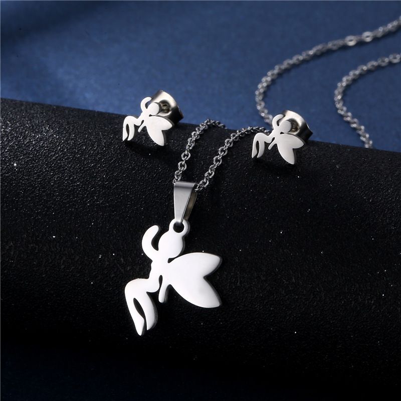 Angel Necklace Fairy Angel Pendant Fashion Stainless Steel Necklace Earring Set