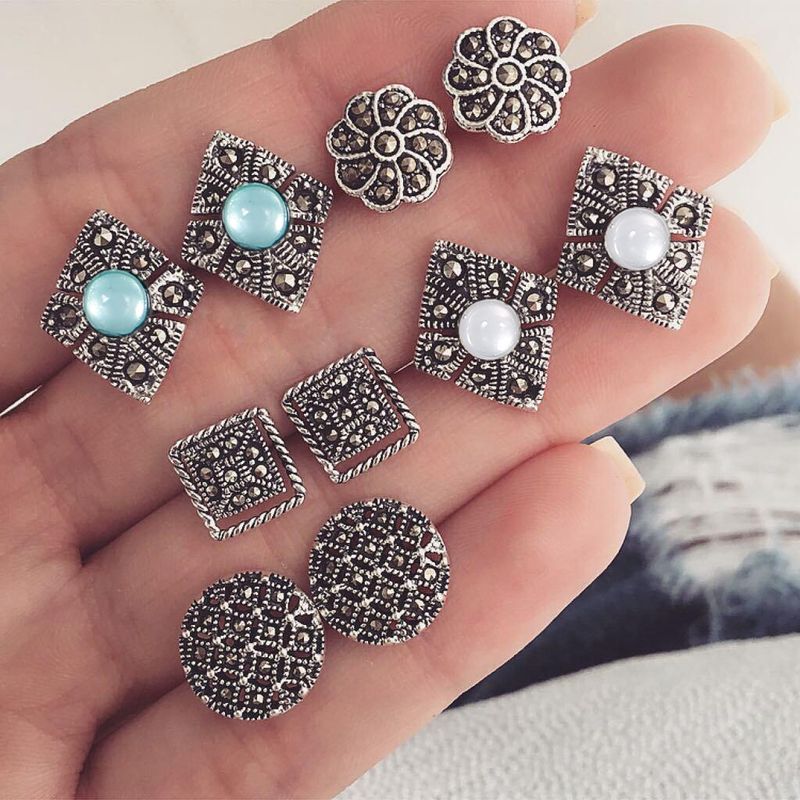 Neue Mode Hohl Geschnitzte Diamanten Blau Weiße Edelsteine 5 Paar Ohrringe Set