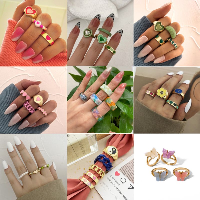 Nouveau Créatif Simple Résine Alliage Femmes Bague De Queue Anneau De Couleur Anneau Ensemble