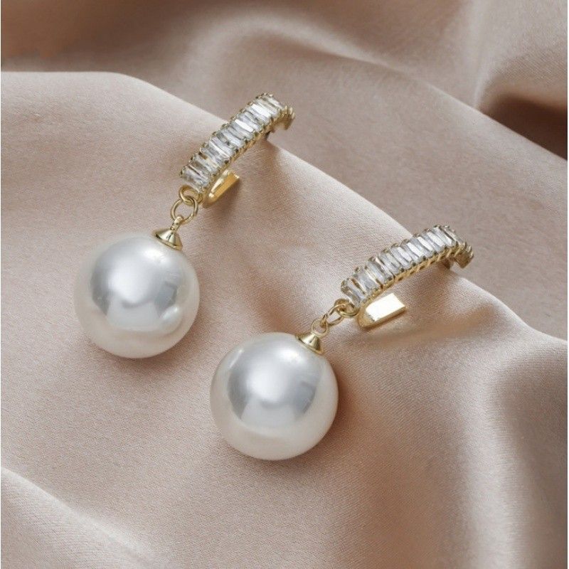 New Super Flash Diamond Temperament Big Pearl Earrings