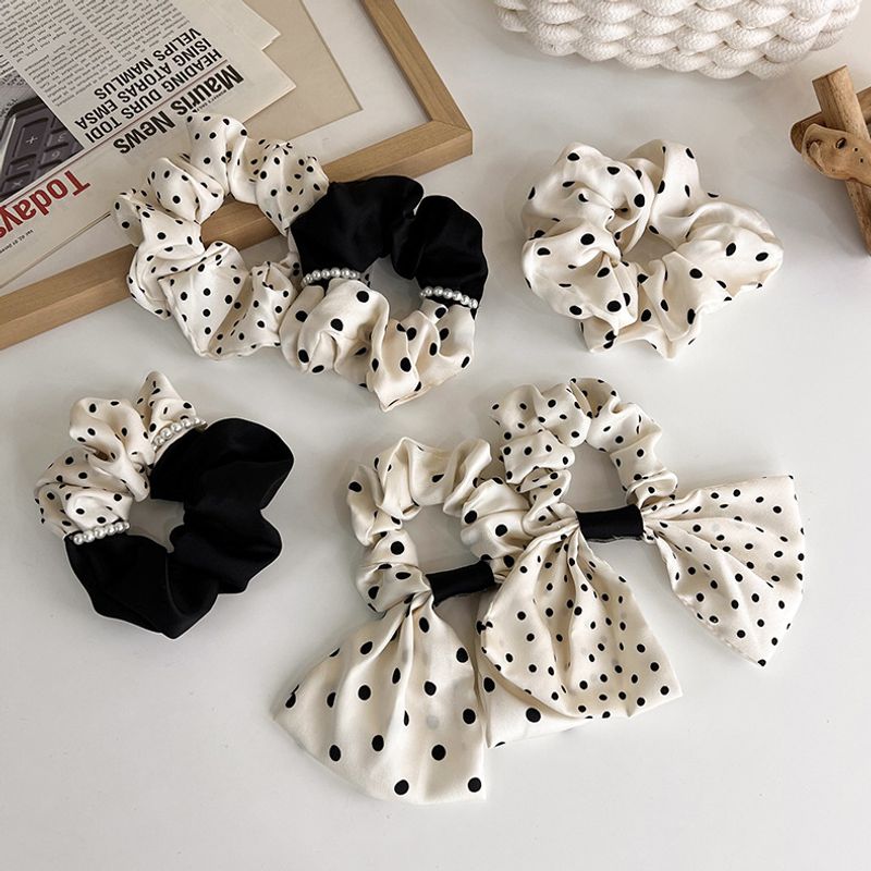 Autumn And Winter Head Rope Black And White Wave Dot Stitching Pearl Hair Ring Korean Satin Bow Hair Ring