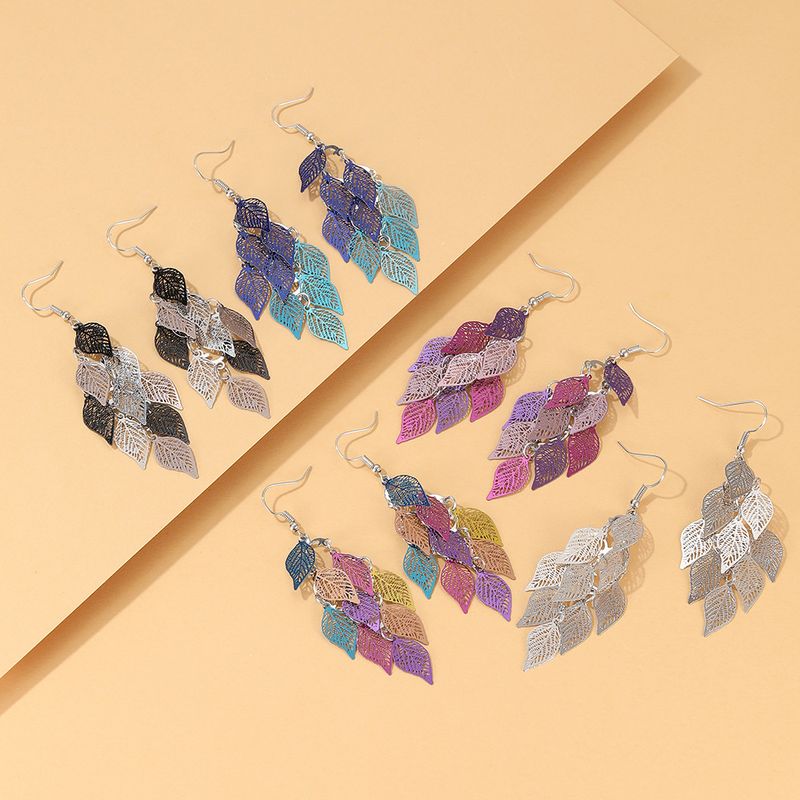 European And American Creative Metal Color Leaf Splicing Tassel Diamond Earrings
