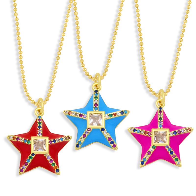 Fashion Bohemian Style Necklace Geometric Five-pointed Star Color Zircon Drop Oil Necklace Female