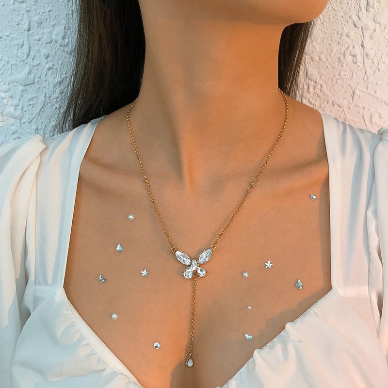 Fashion Single Laye Female Full Diamond Butterfly Long Chain Necklace