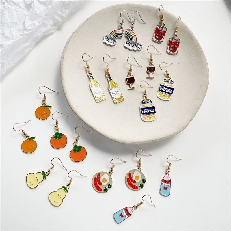 Cartoon Oil Dripping Animal Fruit Earrings Creative Geometric Wine Bottle Rainbow Earrings