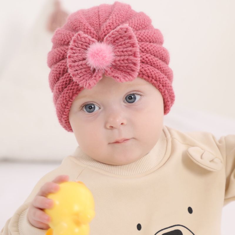 Ins Kinder-wollstrickmütze Einfarbig Baby Bowknot Wollknäuel Warme Kapuze