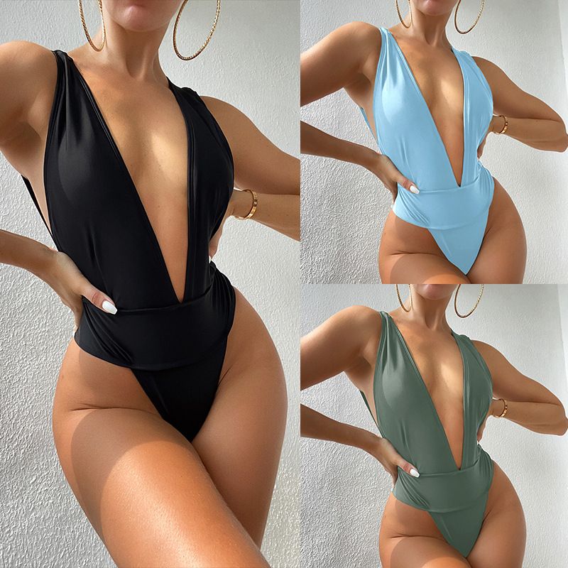 Solid Color One-piece Slim Backless Sexy Bikini High Waist Swimsuit