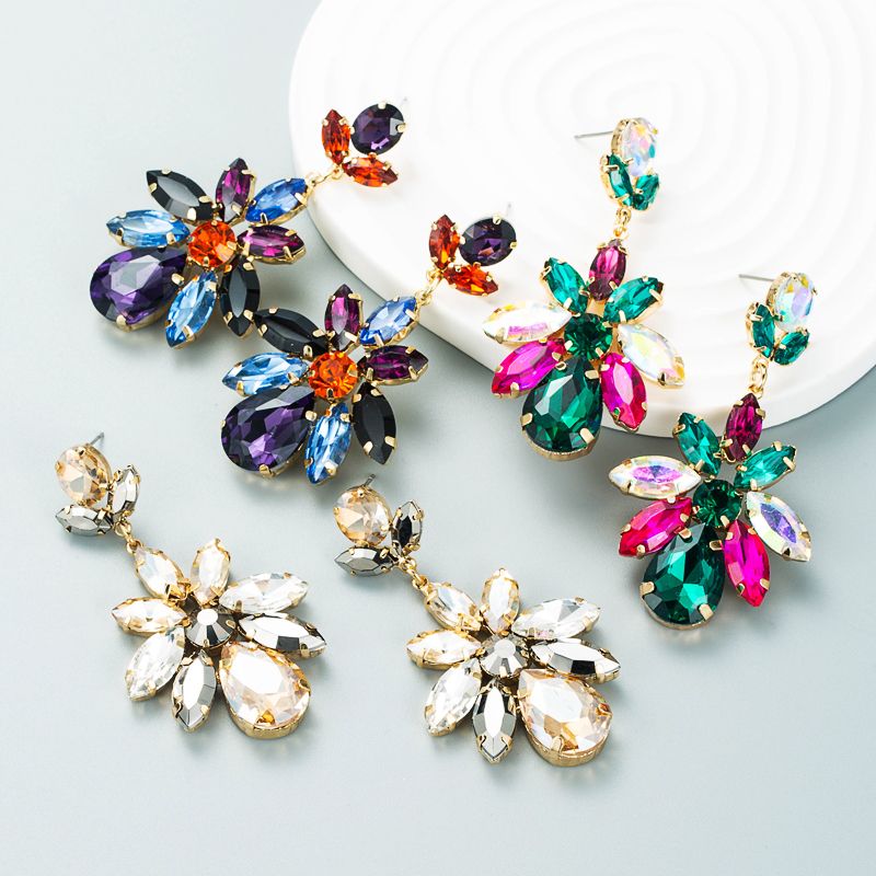 Fashion Colored Diamond Series Multi-layer Alloy Diamond-studded Glass Diamond Geometric Flower Earrings