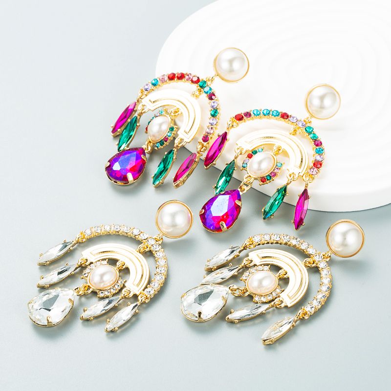 Modefarbe Diamant-serie Mehrschichtige Bogenlegierung Diamant Eingelegte Perlenohrringe Übertriebene Ohrringe