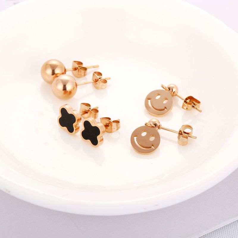 European And American Elegant Clover Smiley Face Round Beads Titanium Steel Ear Studs Suit Women's Simple Fashion Ins Earrings Rose Gold