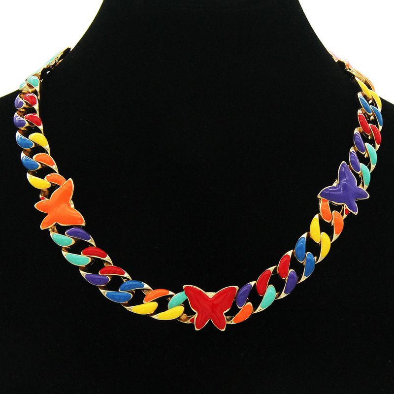 Fashion Hip-hop Color Dripping Oil Butterfly Cuban Chain Necklace