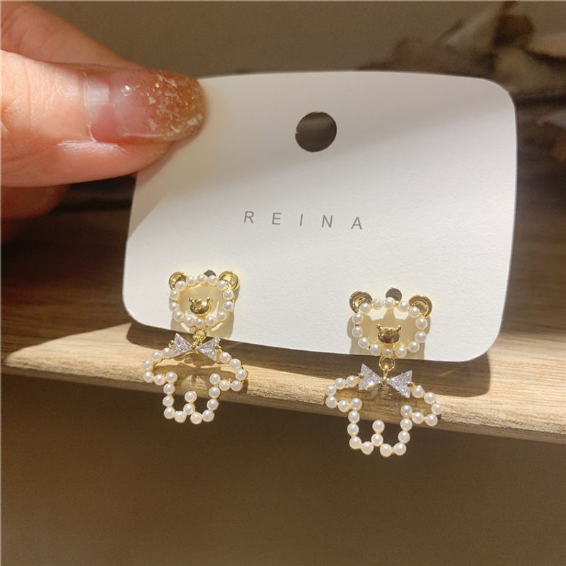 New Hollow Pearl Cute Bear Earrings Ear Jewelry