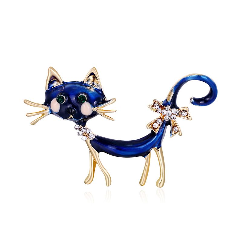 New Cat Personality Brooch Blue Dripping Rhinestones Cute Animal Brooch Wholesale
